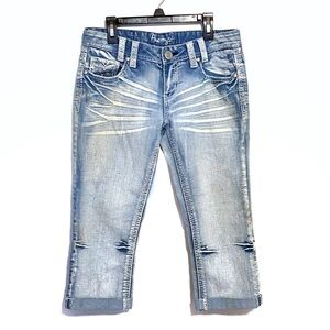 Vintage Amethyst Low Rise Capri Jeans Light Wash Y2K Embroidered Flap Pockets 7